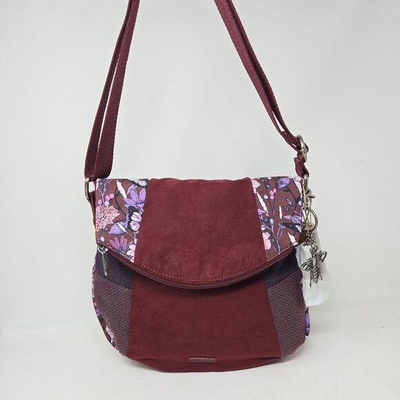 SAKROOTS Cabernet In Bloom Foldover Crossbody Purse Patchwork BEE Keychain NWT - Picture 1 of 15